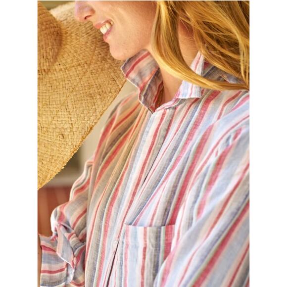 FRANK & EILEEN Sz XL Rory Pink Green Stripe Maxi Linen Shirt Dress - Picture 10 of 12